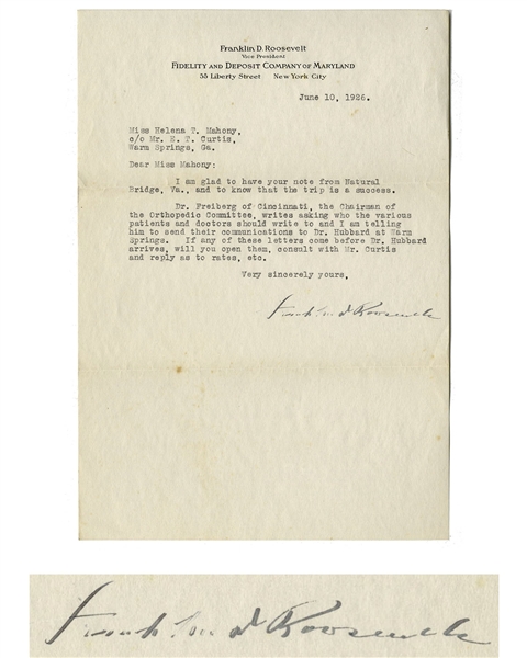 Franklin D. Roosevelt Letter Signed in Full, ''Franklin D. Roosevelt'' -- FDR Writes to His Physical Therapist in 1926 During the Launch of the Polio Treatment Facility at Warm Springs